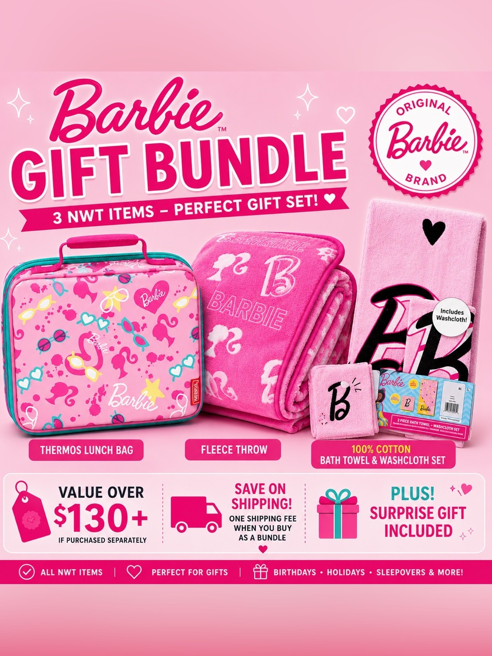 NWT Barbie Bundle Set | Lunch Bag, Fleece Throw & 100% Cotton Towel Set + Gift